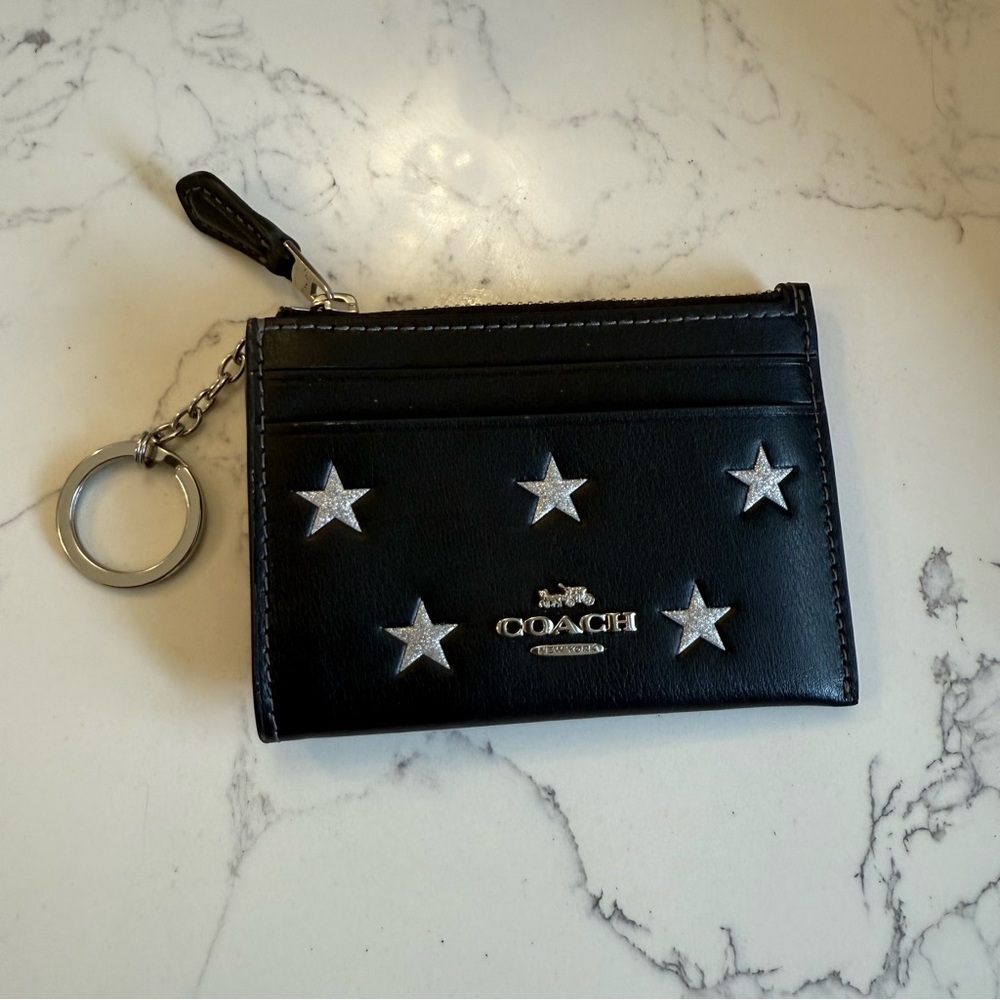 Coach Black Card Holder with Silver Star Accents and zip pocket